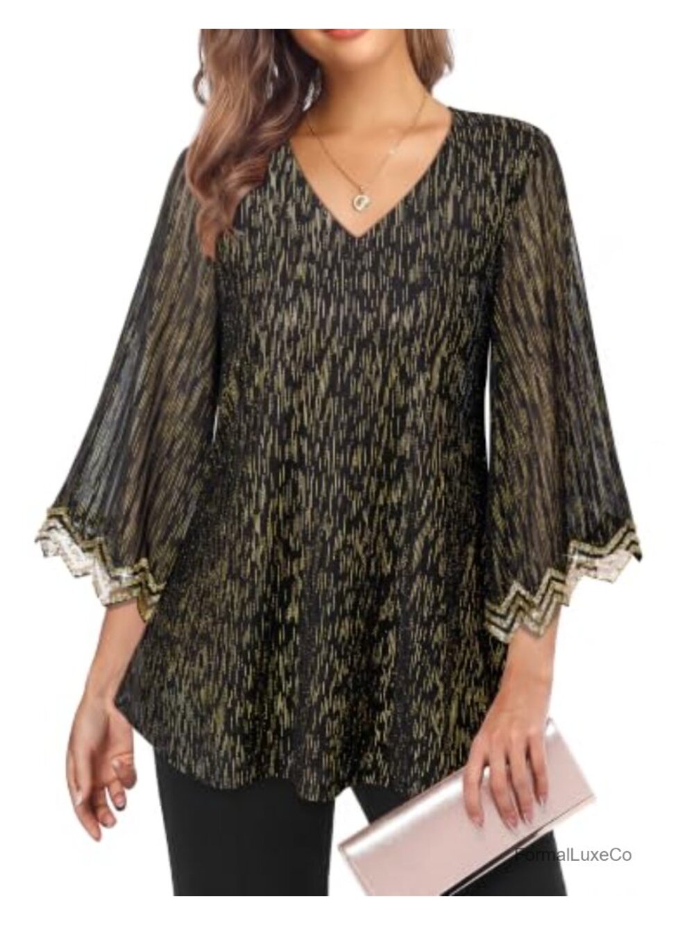 Women's Double Layer Mesh Sparkly V Neck Bell Sleeve Tunic Top
